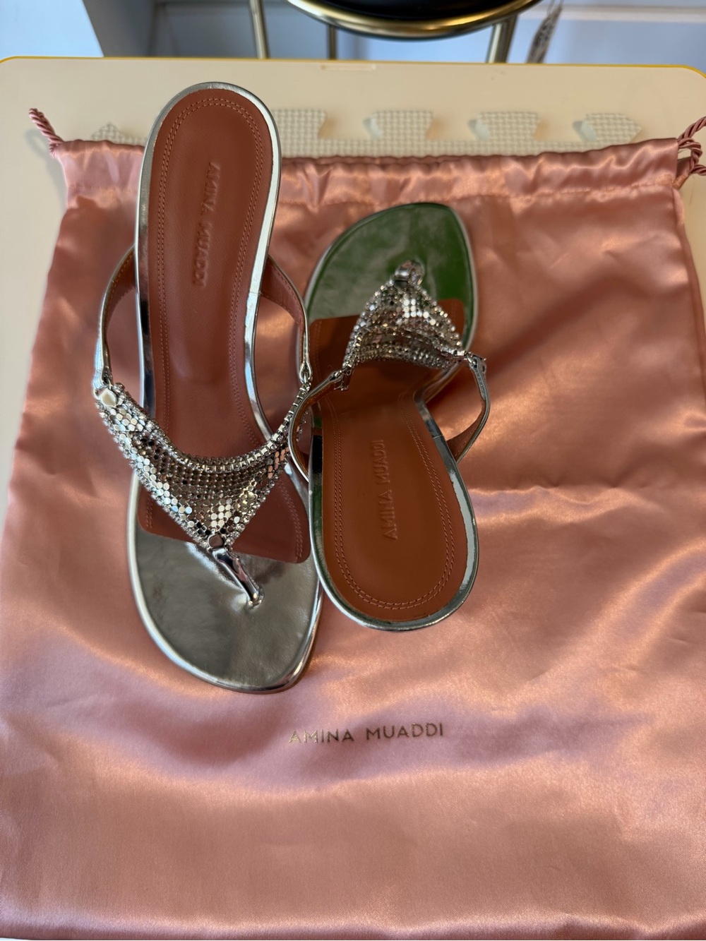 Amina Muaddi Silver Crystal-Embellished Thong Sandals